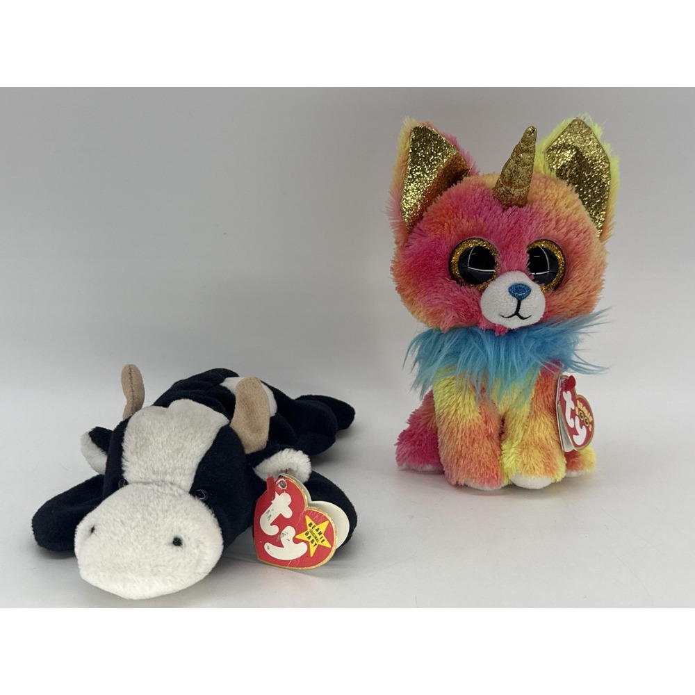 Lot of 2 Ty Unicorn, Cow Beanie Babies Animals Plush Toys Rainbow Black White